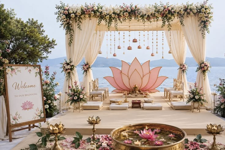 Luxury Indian destination wedding in Dubai featuring exquisite floral décor, an elegant wedding stage, and bespoke wedding planning by SMLW India.
